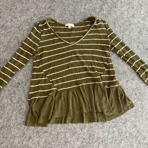 Anthro Eri & Ali Striped Olive & Cream Ruffle LS, GREAT condition! Size S